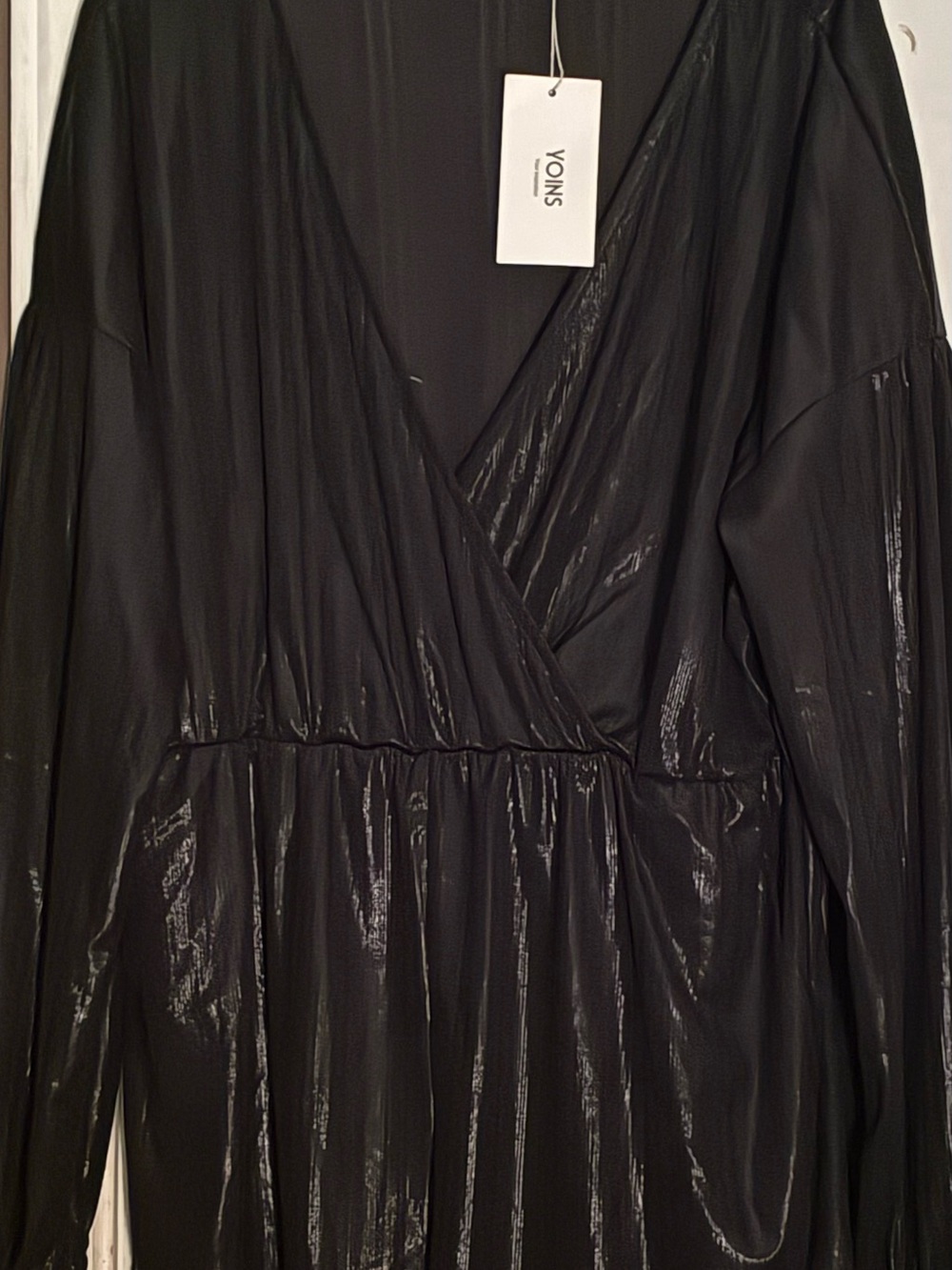 YOINS Black Shiny Wrap-Front Long Sleeve shirt shimmer look xxl 16 women NWT